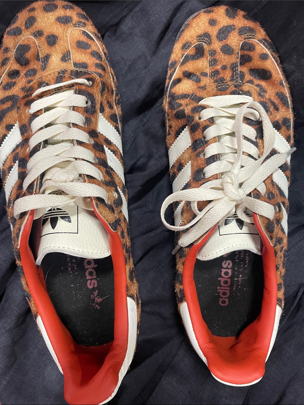 adidas Mens Leopard-Print Sneakers with White Stripes and Red Lining